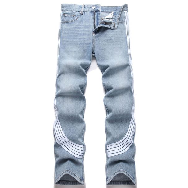 American High Street Youth Harajuku Style Three Stripes Black And Blue Jeans Men's Personality OOTD Outfit Straight Long_mkmklike.com