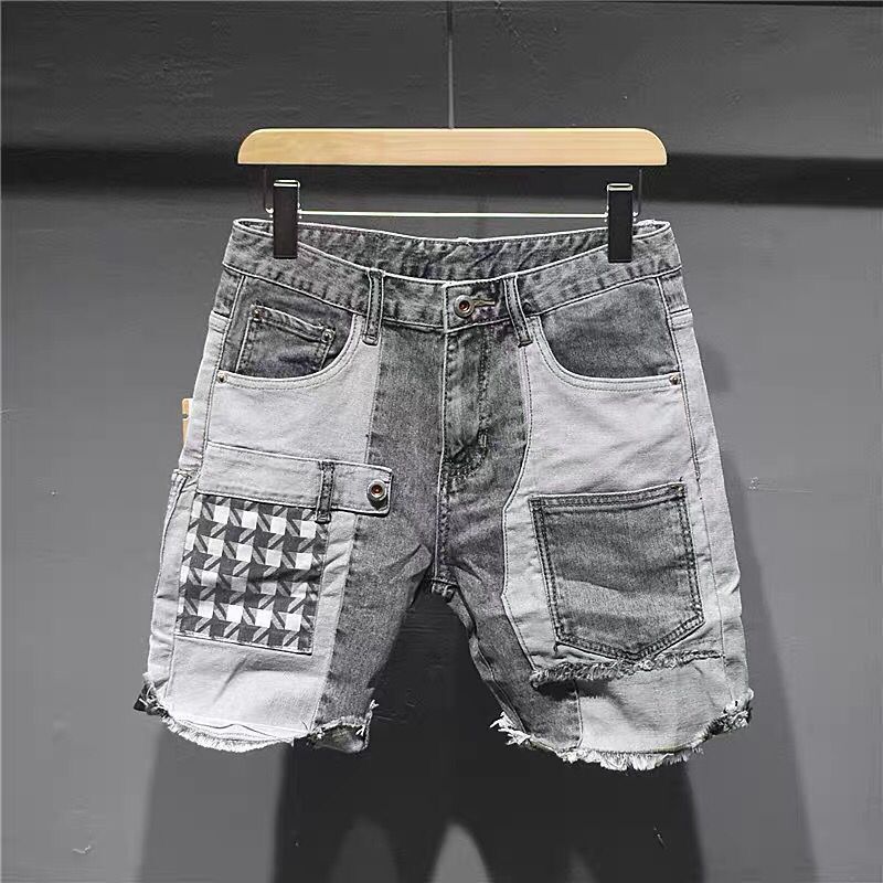 Men's Trendy Stylish Denim Shorts Summer Patchwork Unique Five Point Pants Appliqué Frayed Edges Korean Retro Riding Breeches_mkmklike.com