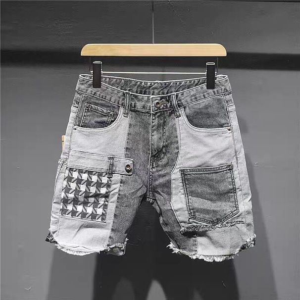 Men's Trendy Stylish Denim Shorts Summer Patchwork Unique Five Point Pants Appliqué Frayed Edges Korean Retro Riding Breeches_mkmklike.com