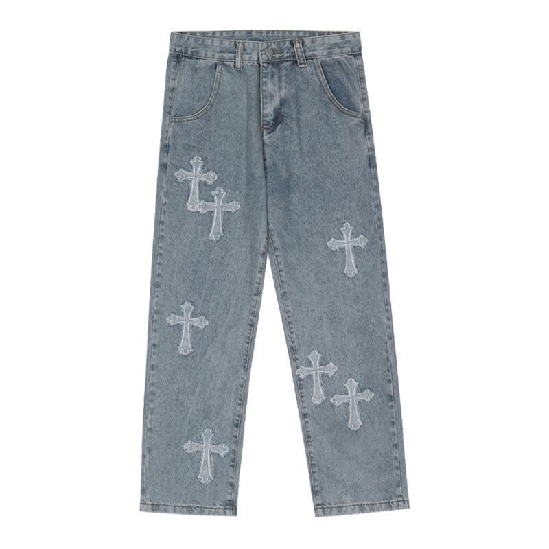 Men's Clothing National Trend High Street Cross Patch Jeans Men's Trendy Brand Handsome Street Straight Loose Wide Leg Long Trousers_mkmklike.com
