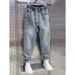 Men's Clothing Spring/Autumn Loose Fit Elastic Waist Harem Jeans, Retro Versatile Washed Skinny Casual Jeans_mkmklike.com