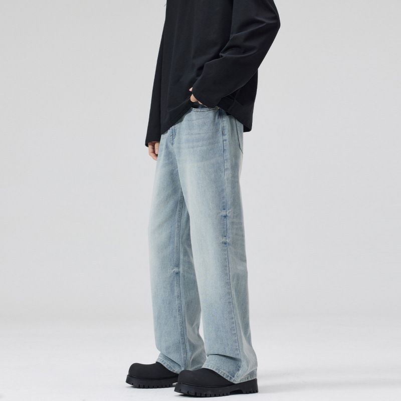 Unisex Washed Floral Light Blue Jeans – Vintage-Inspired Straight-Leg Trousers For Men & Women_mkmklike.com