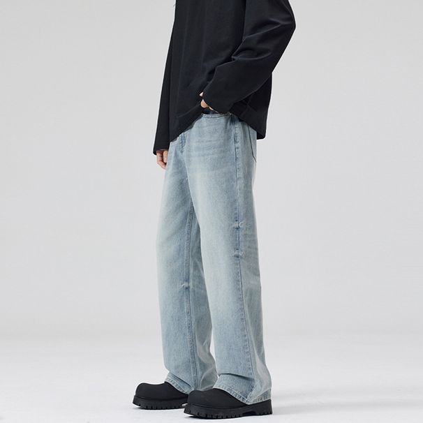 Unisex Washed Floral Light Blue Jeans – Vintage-Inspired Straight-Leg Trousers For Men & Women_mkmklike.com