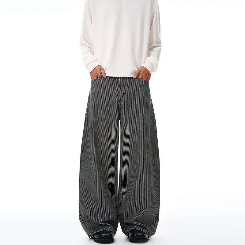Men's Clean Fit Vertical Stripe Curved Blade Jeans Unisex Relaxed Trousers With Wide Leg Silhouette_mkmklike.com