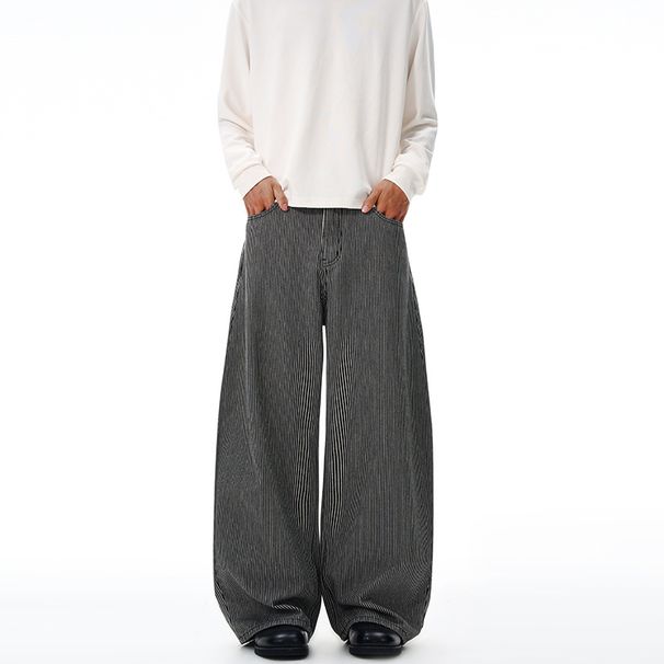 Men's Clean Fit Vertical Stripe Curved Blade Jeans Unisex Relaxed Trousers With Wide Leg Silhouette_mkmklike.com