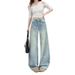 Floral Embroidered Flare Jeans For Women – High-Waisted Wide Leg Pants With Rhinestones, Winter Fleece Lined, Stretch Denim (S-2xl, Light Blue)_mkmklike.com