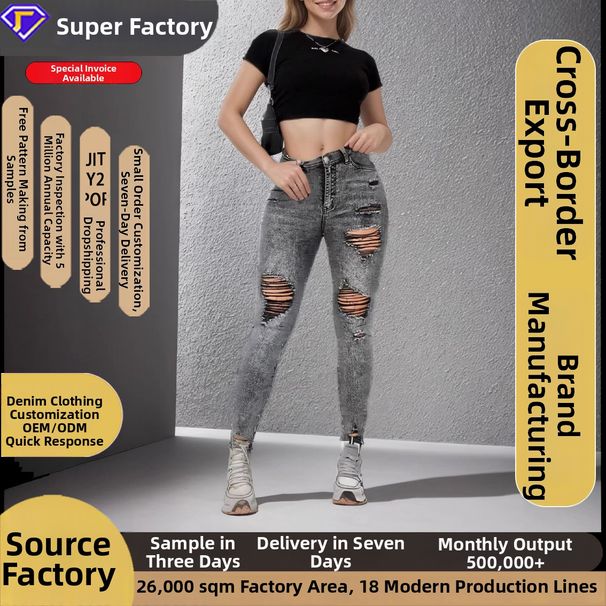 Women's Stretch Slim Fit Jeans Ripped High Street Fashion Independent Website Cross Border European American Trend_mkmklike.com
