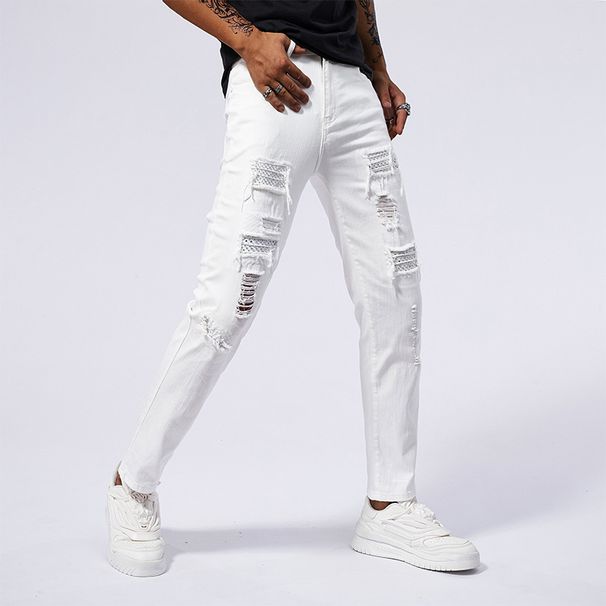 Men's Slim Fit Straight Leg Jeans White Distressed Beaded Patchwork Distressed Style_mkmklike.com