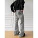 American Retro Washed Distressed Letter Print Flared Jeans For Men, Straight Leg, Loose Fit, Slimming, Clean Fit Trousers_mkmklike.com