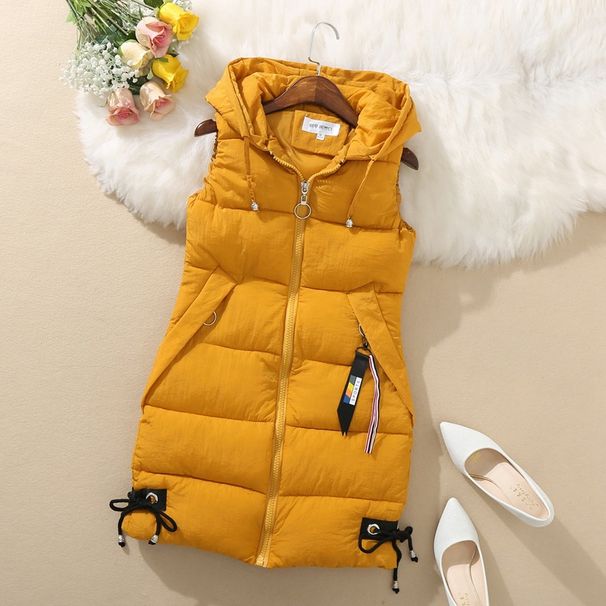 Down padded waistcoat for women autumn-winter sleeveless vest mid-length hooded vest_mkmklike.com
