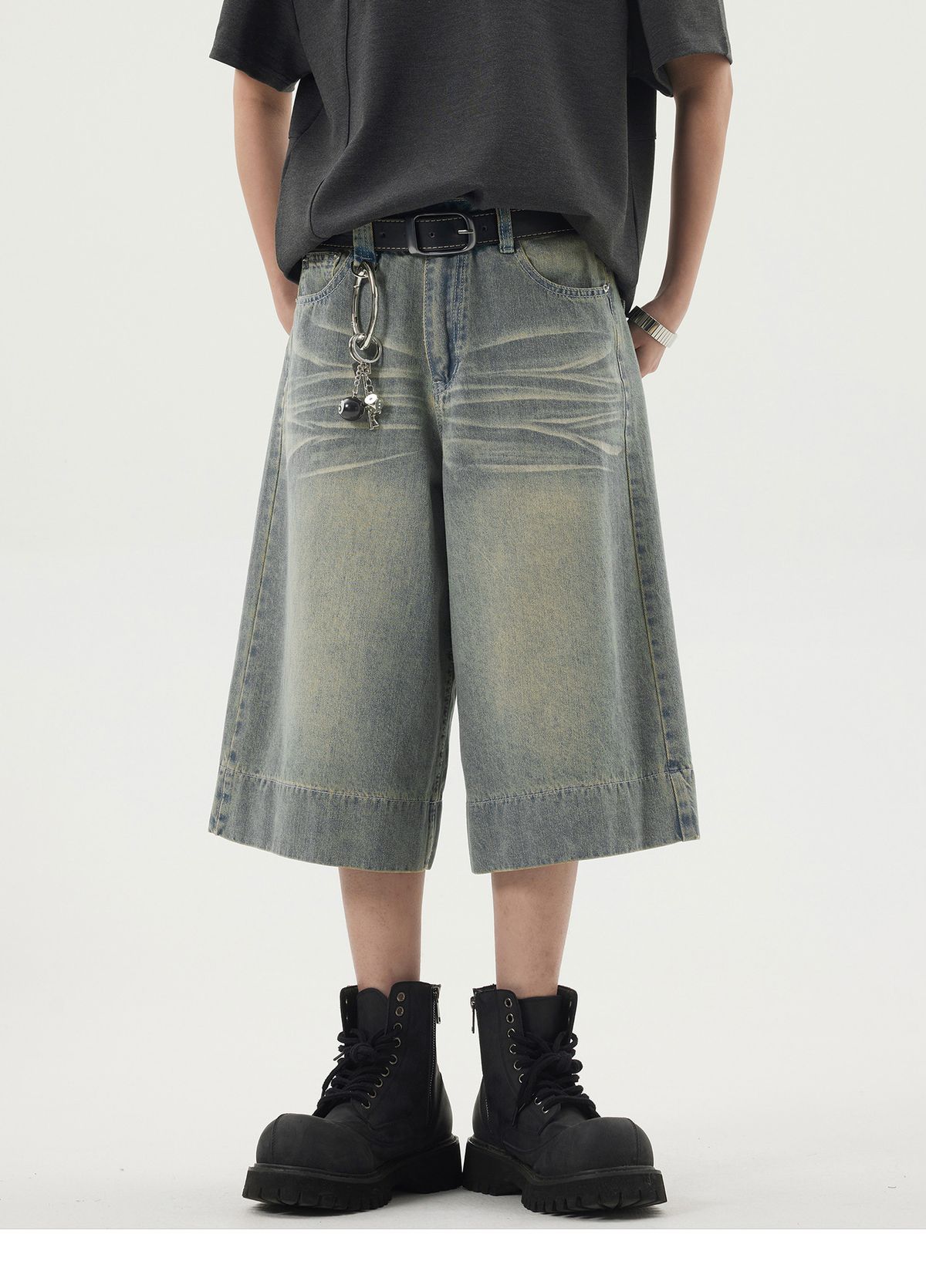 "Retro Wide-Leg 7/10 Denim Shorts – Vintage Washed Loose Fit Unisex Mid-Length Jeans For Summer"_mkmklike.com