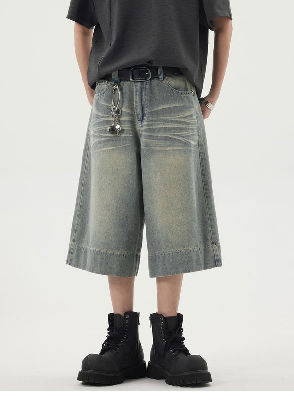 "Retro Wide-Leg 7/10 Denim Shorts – Vintage Washed Loose Fit Unisex Mid-Length Jeans For Summer"_mkmklike.com