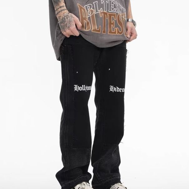 Men's Clothing High Street Style Heavy Washing Old Ink Splash Color Deconstruction Bell Bottom Pants Sub Trend Personality Niche Stacked Jeans_mkmklike.com
