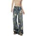 Unisex Floral Print Wide-Leg Jeans - Vintage High Street Style, Loose Fit, Bohemian Chic, Comfortable & Trendy_mkmklike.com