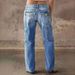 Women's Relaxed Fit Straight Leg Jeans With Vintage Wash, Medium Blue Stretchy Comfort Denim Trousers For Everyday Wear_mkmklike.com