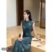 ELLE Indigo Feather National New Chinese Style Butterfly Denim Retro Elegant Modified Cheongsam Dress_mkmklike.com