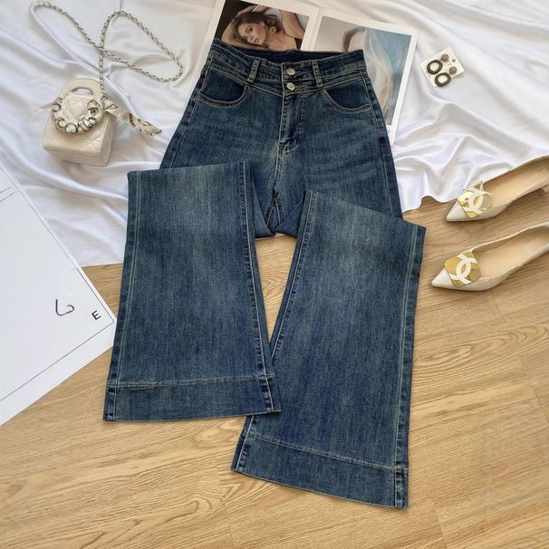 Retro Hong Kong Style Micro Jeans Women, New Spring High-Waisted Double-Buckle Slimming Loose Flare Pants For Petite_mkmklike.com