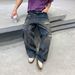 Men's Clothing Unisex Retro Style Faux Ripped Jeans Loose Fit Straight Leg Bronze Gray Washed Trendy Graffiti Design Casual Pants_mkmklike.com