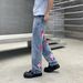Classic Blue Straight-Leg Jeans For Men – Pink Cross Embroidery & Distressed Details – Vintage Style Denim Pants_mkmklike.com