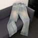 Men's Clothing Retro Blue Lightning Wash Jeans – Semi-Stretch, American Heavy-Distressed, Straight Bootcut With Knife-Pleat Detail_mkmklike.com