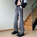 Men's Frayed Flared Jeans Loose Fit Straight Leg High Street Style Retro Zipper_mkmklike.com