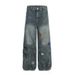 American High Street Floral Embroidery Cargo Jeans Men's Niche Design Pleated Deconstructed Loose Straight Pants Trendy_mkmklike.com