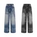 Color-Block Washed Denim Straight-Leg Men's High Street Water Ripple Distressed Loose Casual Pants_mkmklike.com