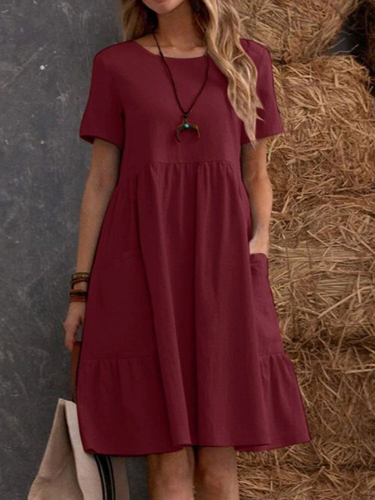 Women's clothing women's retro cotton and linen loose pocket solid color round neck dress in stock_mkmklike.com
