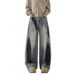 Washed Retro Distressed Black Ripped Jeans Straight Leg Loose Fit Slimming Wide Leg Trousers For Men_mkmklike.com