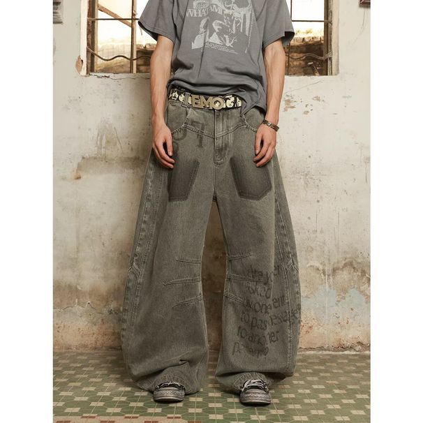 Men's Retro Washed Letter Print Jeans High Street Style Loose Wide Leg Straight Trousers mid Waist Zipper Fly Gray Casual Jeans_mkmklike.com