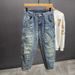 Men's Trendy Ripped Jeans Heavyweight Workwear Blue Retro High Street Straight Leg Loose Trousers mid Waist Button Fly Casual Pants_mkmklike.com