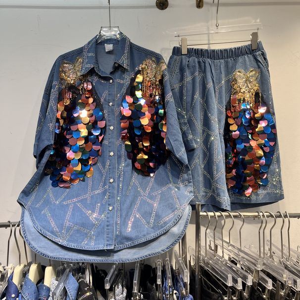 Women's Clothing Fashion Denim Shirt Tops Heavy Duty Bright Butterfly Tassel Shorts_mkmklike.com