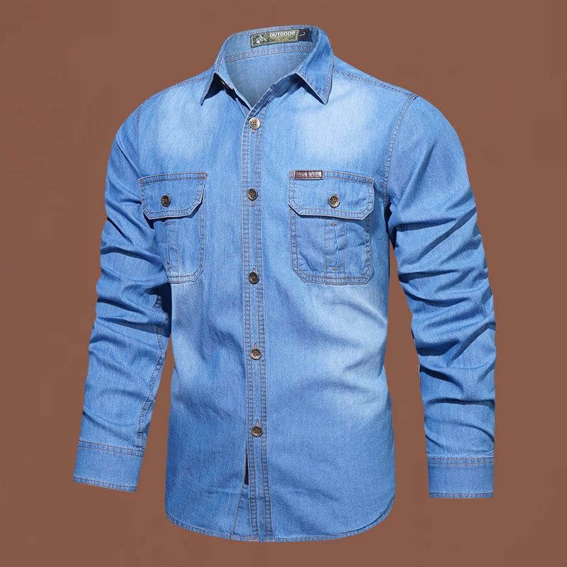 Pulse Cross-Border Foreign Trade Denim Workwear Spring Autumn European And American Washed Shirt Men's Long Sleeve Top_mkmklike.com