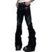 Street Punk Patchwork Flared Jeans – Unisex High-Waisted Cropped Trousers With Leather Accents, Y2K & Grunge Style (Black/Grey, S-3XL)_mkmklike.com
