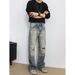 American High Street Style Men's Distressed Jeans With Rhinestones And Hot Stamping, Loose Fit, Straight Leg, And Slightly Flared, 2026 New Style._mkmklike.com