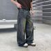 Men's Trendy High Street Loose Fitting Wide Leg Jeans Dark Gray Washed Graffiti Design Unisex Midweight Cotton Long Pants_mkmklike.com