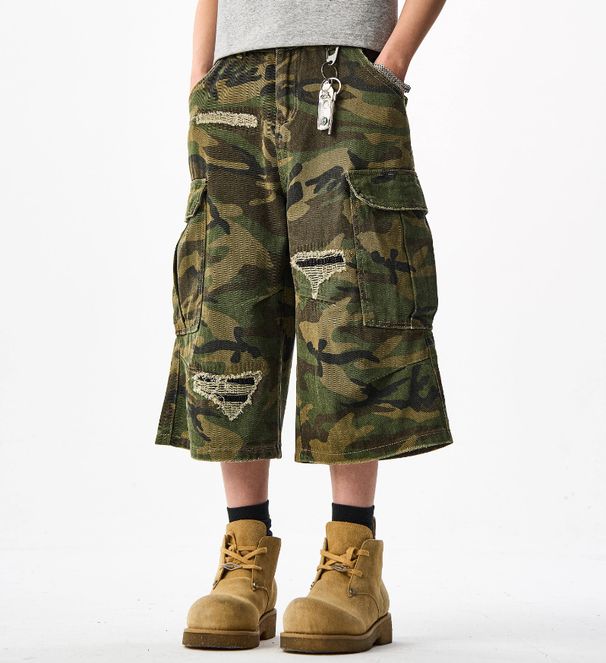 Camouflage Ripped Cargo Shorts Loose Fit Summer Retro Wide Leg Cropped Pants For Men And Women Trendy Style_mkmklike.com
