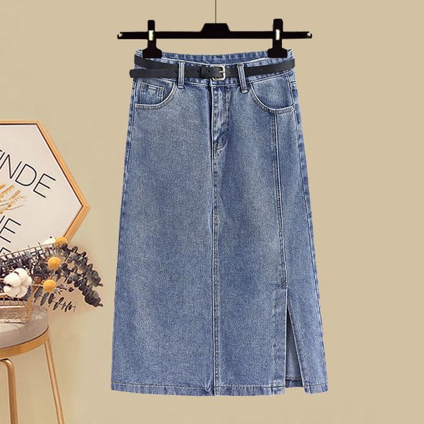 "Plus Size Denim Skirt & Ruffle Blouse Set – Flattering Summer Two-Piece Outfit For Women Up To 200 Lbs, Stretchy Polyester Casual_mkmklike.com