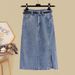 "Plus Size Denim Skirt & Ruffle Blouse Set – Flattering Summer Two-Piece Outfit For Women Up To 200 Lbs, Stretchy Polyester Casual_mkmklike.com