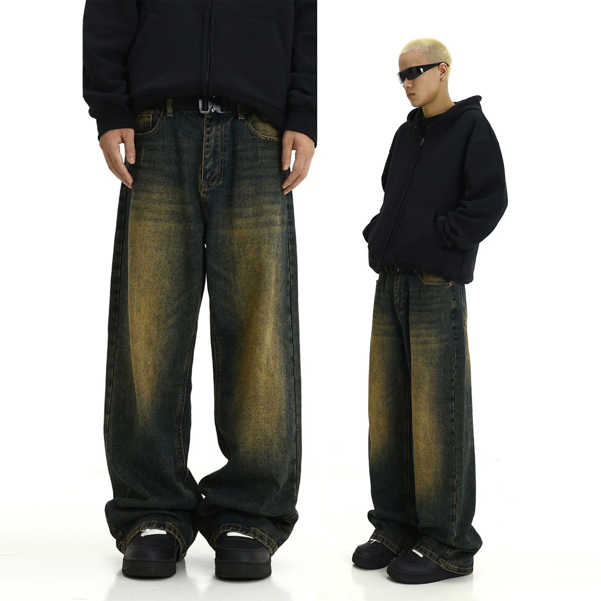 Men's Retro Distressed Washed Yellow Mud Dyed Jeans High Street American Style Loose Straight Trousers Floor Length Daddy Pants_mkmklike.com