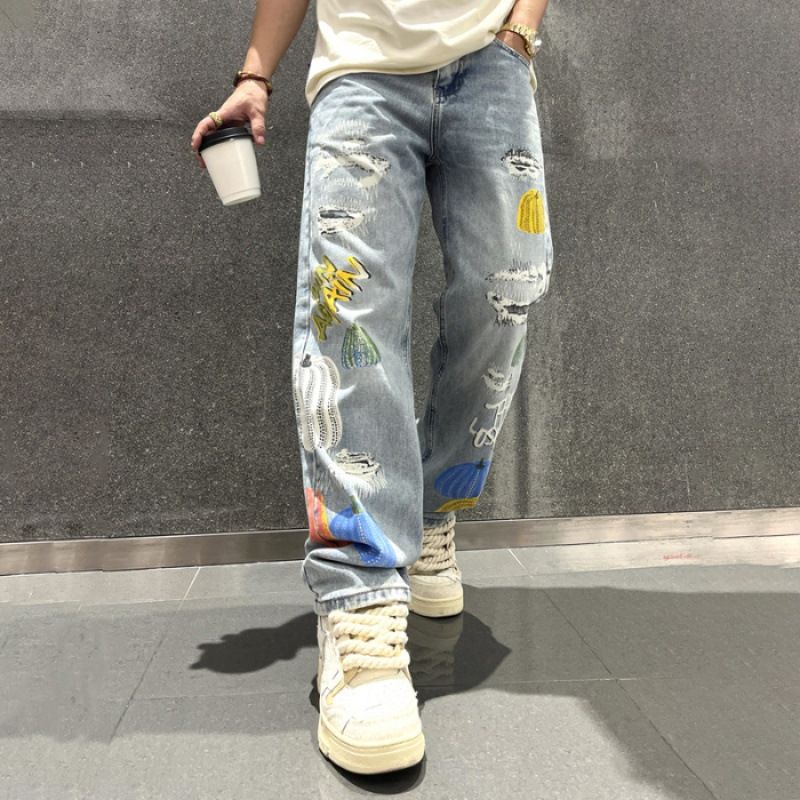 Men's Clothing Washed Stitching Denim Pants Trendy Men Loose Straight Men Fashion Denim Trousers Men Street Retro_mkmklike.com