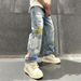 Men's Clothing Washed Stitching Denim Pants Trendy Men Loose Straight Men Fashion Denim Trousers Men Street Retro_mkmklike.com