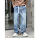Men's American Streetwear Loose Fit Jeans - Trendy Straight Leg With Elastic Waist & Drawstring (M-3XL, Bluish/White Ash)_mkmklike.com
