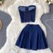 Women's Summer Short Denim Tube Bra Vest Top Two-piece Set High Waist A-Line Skirt Sweet Cool Hot Girl Suit Skirt_mkmklike.com