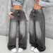 Women's High-Waisted Straight-Leg Jeans – Classic Washed Denim With Button Details, Non-Stretch Cotton Blend, Fall Streetwear Essential_mkmklike.com