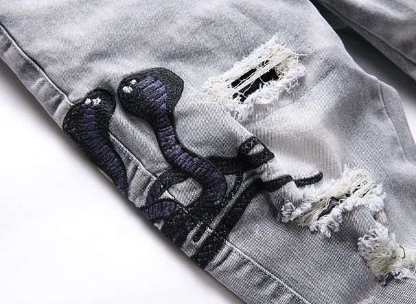 Men's Light Blue Ripped Embroidered Jeans Men's Trendy Elastic Slim Fit Small Feet American High Street Long Pants_mkmklike.com