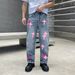 Classic Blue Straight-Leg Jeans For Men – Pink Cross Embroidery & Distressed Details – Vintage Style Denim Pants_mkmklike.com