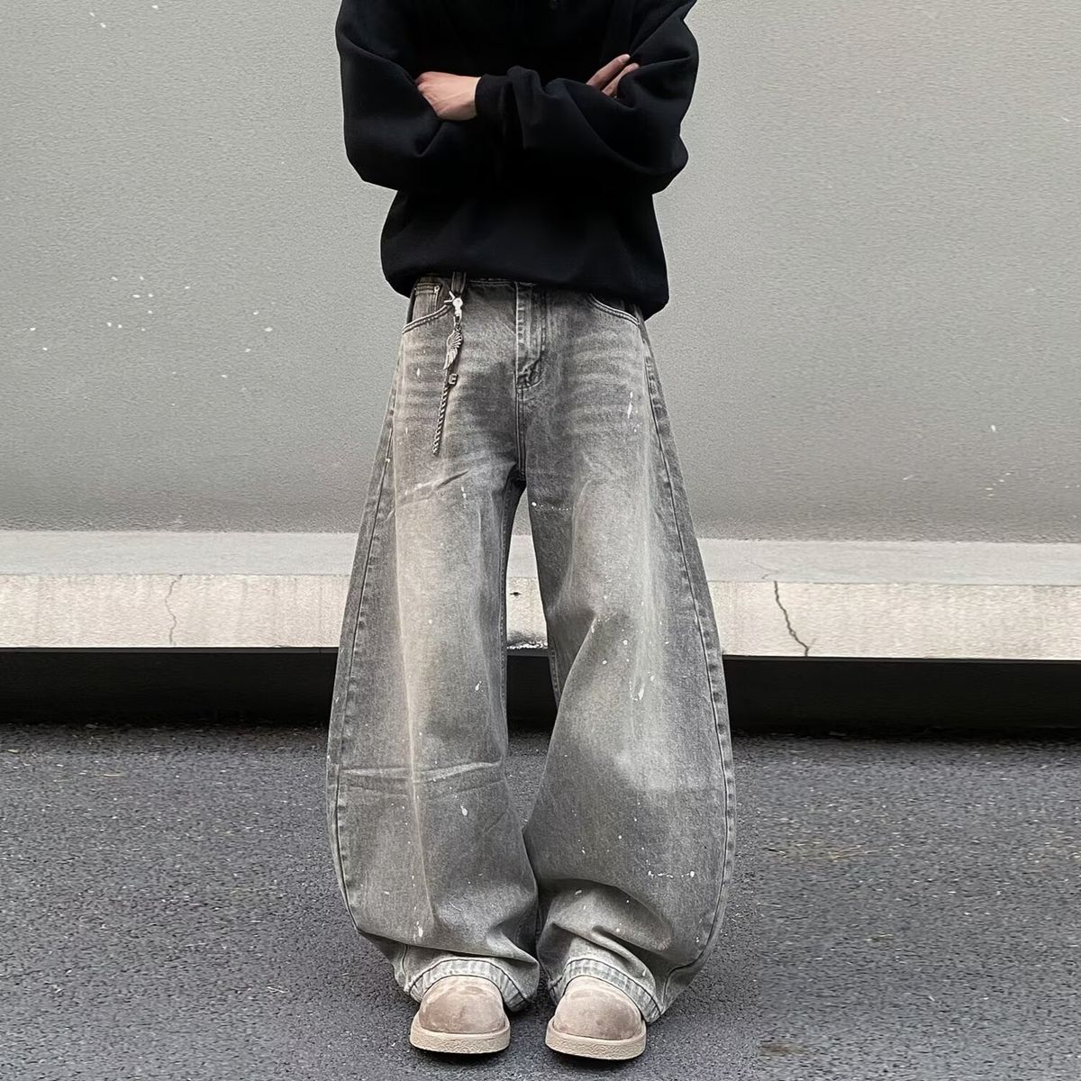 Nordmann American Style Vibe Retro Distressed Gray Ink-Splattered Scimitar Jeans For Men, Niche Design High Street Wide-Leg Pants_mkmklike.com