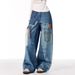 Spring And Autumn American High Street Retro Design Patch Splicing Printed Jeans Men's And Women's Loose Straight Wide-leg Trousers_mkmklike.com