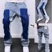 Distressed Bell-bottom Jeans Color Block Construction Details Street Style Trendy Unique Niche Pants Men's Fashion Trousers JEANS_mkmklike.com